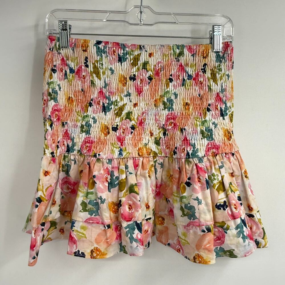 Jacquie The Label Smocked Mini Skirt Women M Multicolor Floral Ruffle Hem Tiered